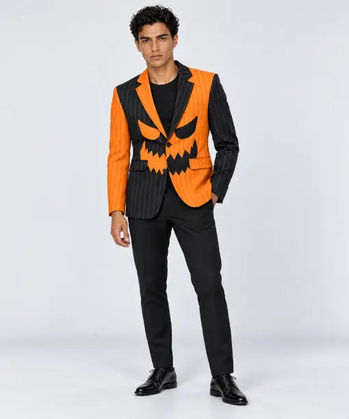 Halloween Pumpkin Face Pinstriped Blazer