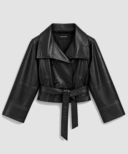 Massimo Dutti Short Belted Black Leather Jacket