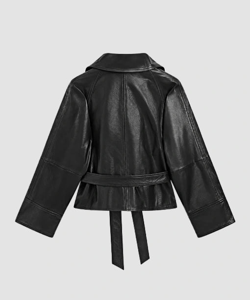 Massimo Dutti Short Belted Leather Jacket