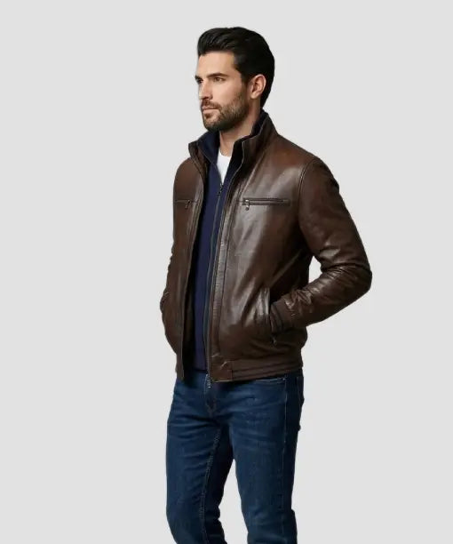 Men Brown Leather Biker Bomber Jacket