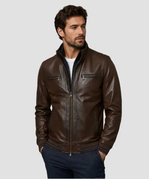 Men Leather Bomber Jacket Brown