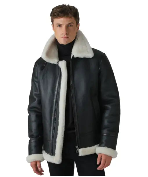 Mens Shearling Aviator Black Leather Jacket