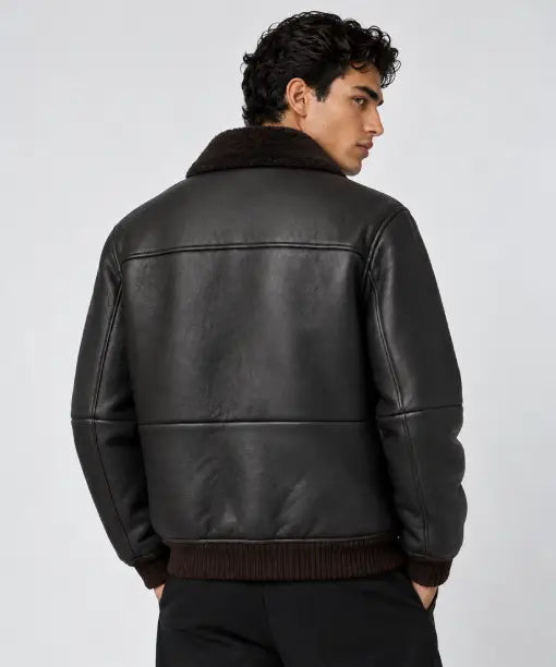 Shearling Trimmed Black Leather Bomber Jacket