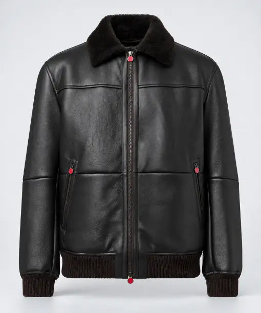 Shearling Trimmed Leather Bomber Jacket