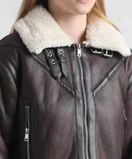 Women_s Crop Shearling Brown Leather Jacket